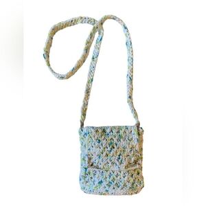 Handmade crochet purse in teal, lime green, white, and yellow purse